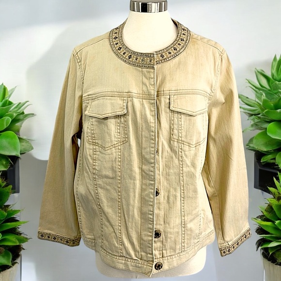New Avenue AV/X Khaki Denim Embellished Jewel Trim Jacket - Picture 4 of 16